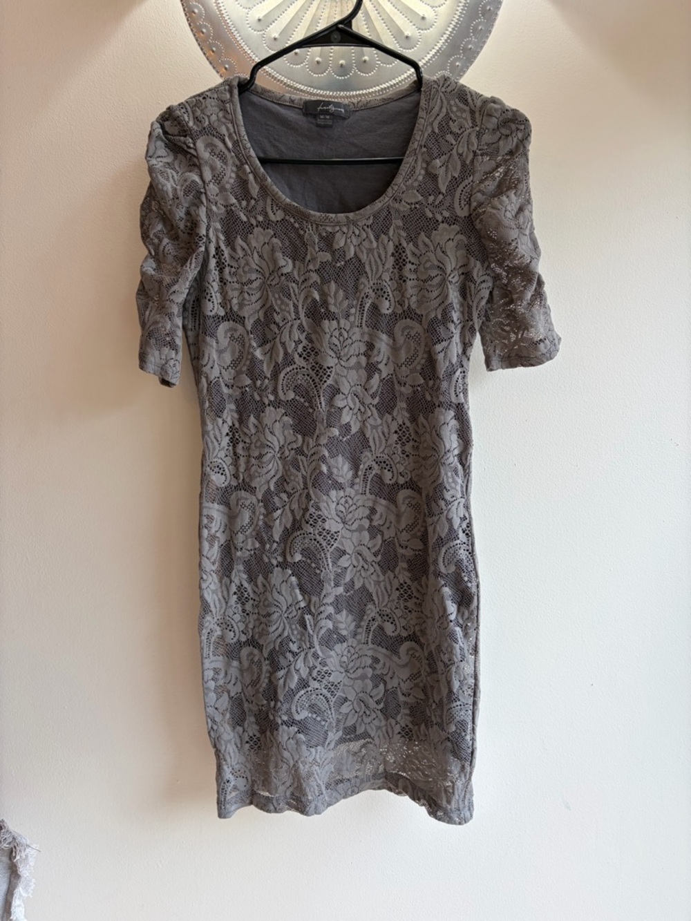 Gray Lace Midi Dress with Scoop Neck